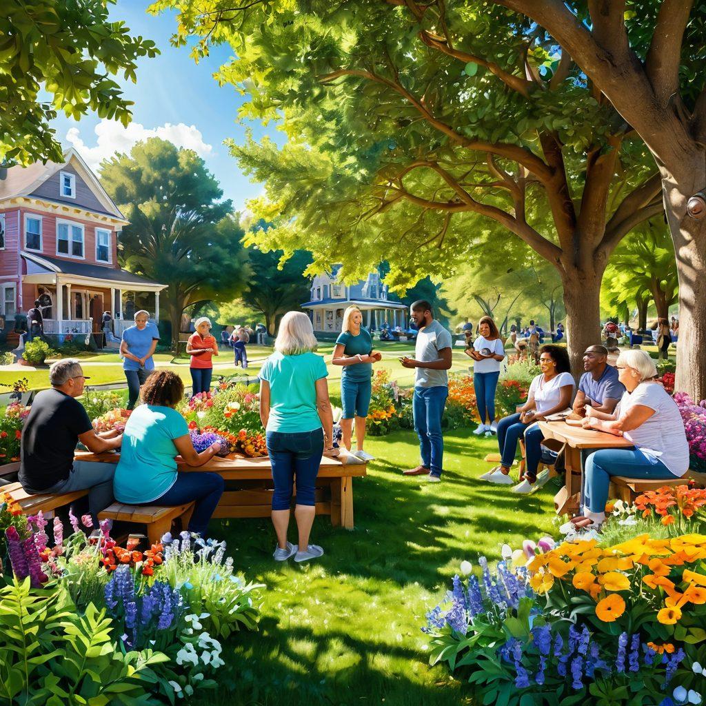 A diverse group of smiling people of all ages, engaging in various community activities like gardening, playing games, and sharing meals, in a vibrant park filled with colorful flowers and trees. Sunlight streams through the leaves, creating a warm and inviting atmosphere. Include subtle elements of resilience, like a community mural depicting strength and support. super-realistic. bright colors. joyful setting.