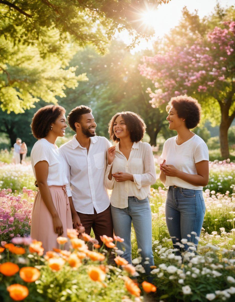 A harmonious gathering of diverse individuals, smiling and exchanging warm gestures in a serene park setting, surrounded by blooming flowers and trees, symbolizing connection and support. Soft sunlight bathes the scene, creating an inviting and uplifting atmosphere. The image should convey feelings of joy, companionship, and positivity. vibrant colors. peaceful ambiance.