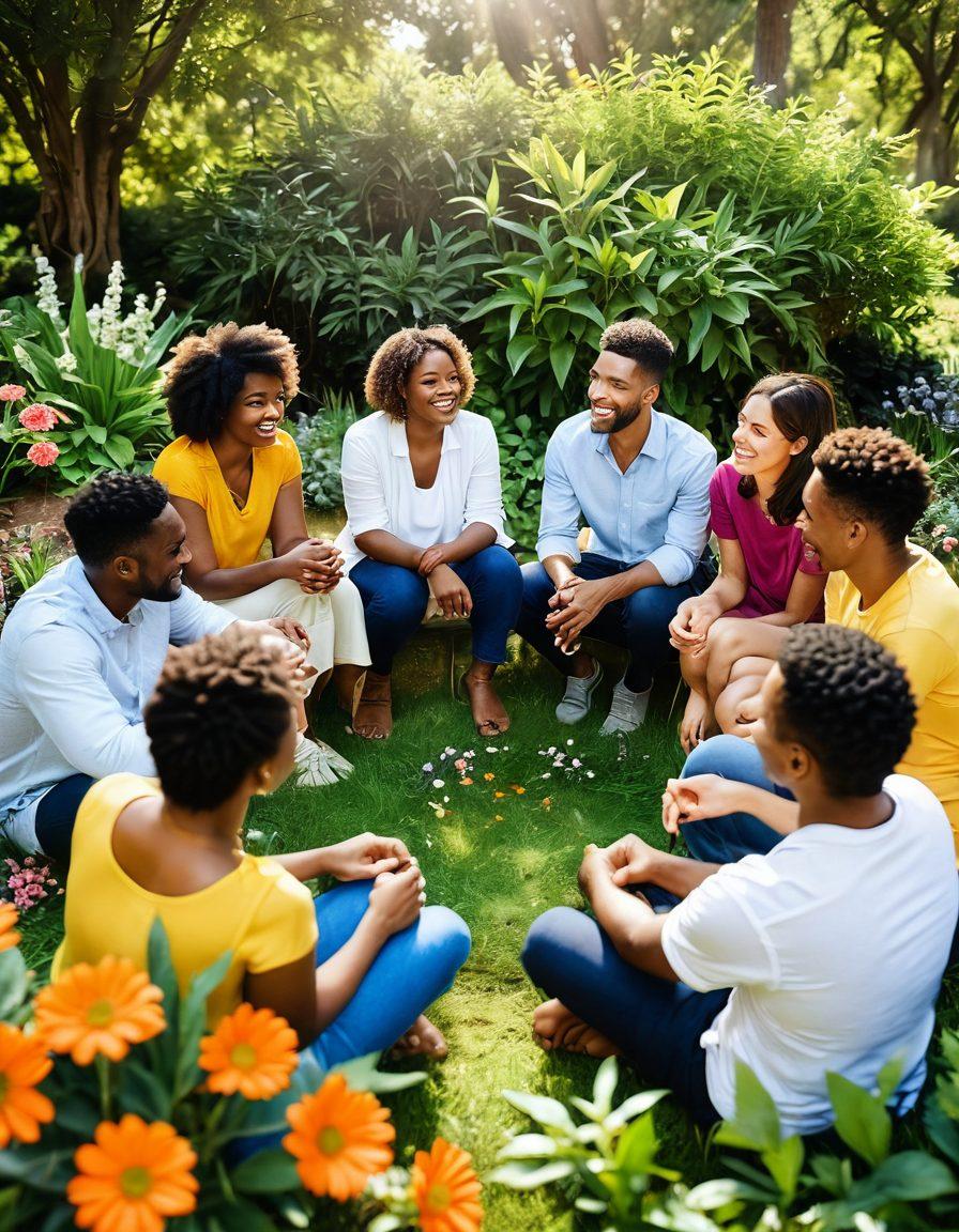 A diverse group of people sitting in a circle, sharing smiles and laughter, surrounded by vibrant plants and flowers symbolizing growth and support. Soft sunlight filters through the trees, highlighting their connections and warmth towards each other. A background of a serene park setting signifies emotional wellness. super-realistic. vibrant colors. peaceful atmosphere.